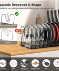 Expandable Pot And Pan Organizer Rack For Cabinet With 14 Adjustable Dividers To Hold Lids And Pans Keeps Your Kitchen Cabinets Neat And Easy To Grab Black Finish Durable And Simple To Install showing multiple pot lids neatly organized on a kitchen countertop