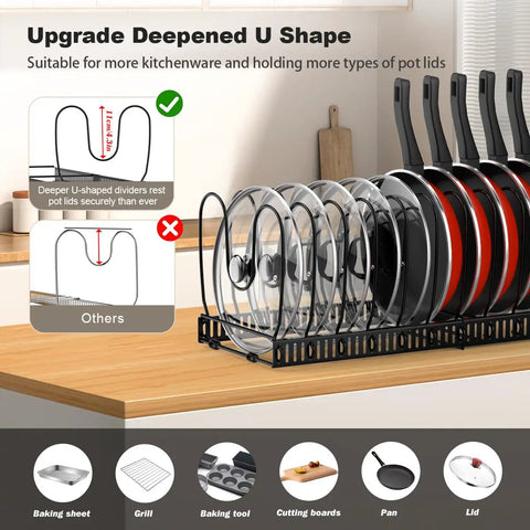 Expandable Pot And Pan Organizer Rack For Cabinet With 14 Adjustable Dividers To Hold Lids And Pans Keeps Your Kitchen Cabinets Neat And Easy To Grab Black Finish Durable And Simple To Install showing multiple pot lids neatly organized on a kitchen countertop