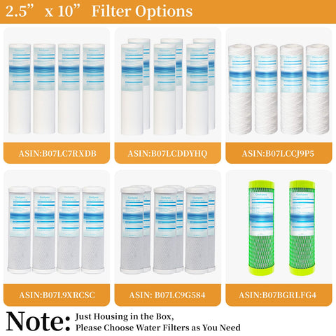 2.5 x 10 inch filter options for 10 Inch Blue Whole House Water Filter Housing With Three Quarter Inch Brass Port Air Relief Valve
