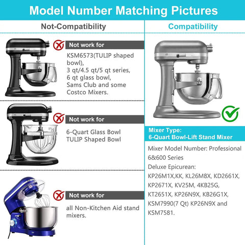 Compatibility chart for Flex Edge Beater With Scraper For 6 Quart Stand Mixer Pro Grade Paddle Attachment, highlights compatible mixers.