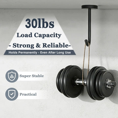 Five Pack Ceiling Hooks For Hanging Plants 110mm Stainless Steel Indoor Plant Hangers Black Matte Rust Resistant Durable Plant Brackets with dumbbell demonstrating load capacity.