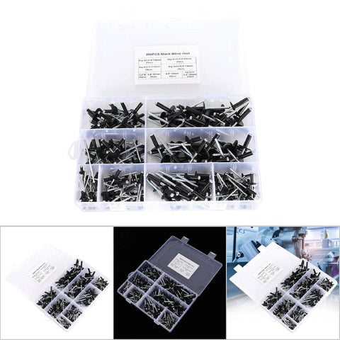 200 Piece Black Aluminum Blind Rivet Kit With 3.2mm 4.0mm 4.8mm Fasteners In A Durable Plastic Storage Box On Display