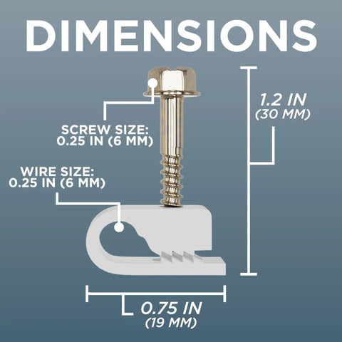 Heavy Duty Single Cable Clips With Screws Rock Solid Coaxial Clamps dimensions showing 1.2" height and 0.75" width.