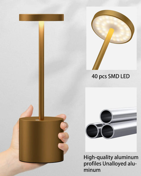 Gold Cordless Rechargeable Table Lamp With 5000mAh Battery, USB Powered Desk Light In Metal Aluminum Housing, held in hand