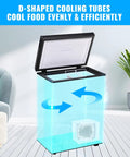Freestanding Black Mini Chest Freezer With Precision Electronic Thermostat And Two Removable Baskets showing D-shaped cooling tubes for even cooling.