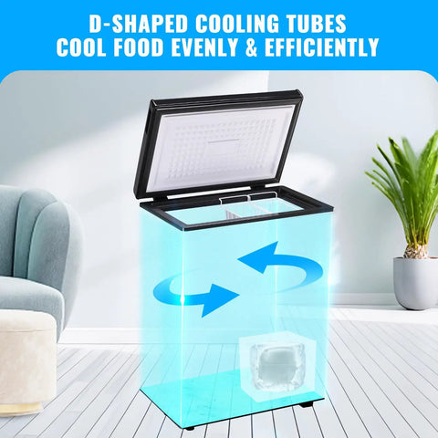 Freestanding Black Mini Chest Freezer With Precision Electronic Thermostat And Two Removable Baskets showing D-shaped cooling tubes for even cooling.