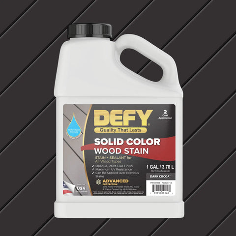 DEFY solid color wood stain 1 gallon container for decks and fences with UV resistant opaque finish in Dark Cocoa color.