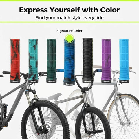Colorful lock-on grips displayed on bike handlebars, featuring non-slip half-waffle design and deep sea blue option.