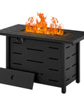 43 Inch Outdoor Propane Fire Pit Table With 50,000 BTU, Lid Removed, Flames Showing, Durable Black Rectangle Design