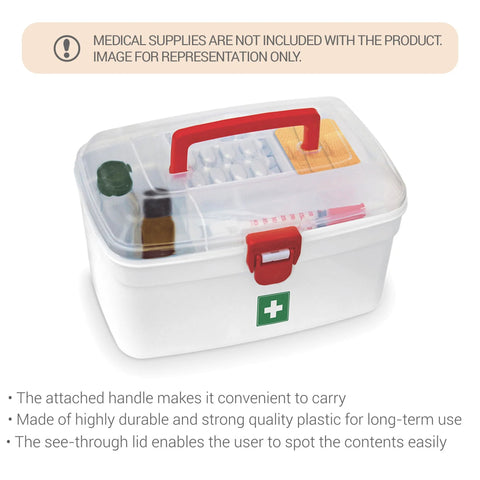 Two white Milton first aid boxes with transparent lids, red handle and latch, green cross symbol.