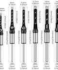 Six Piece Square Hole Drill Bit Set High Speed Steel Mortising Chisel Bits For Woodworking Pine Mdf Particle Board 1/4 To 9/16 Inches Badass Woodworking Kit, showcasing drill bits with measurements and diameters.