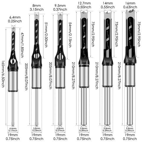 Six Piece Square Hole Drill Bit Set High Speed Steel Mortising Chisel Bits For Woodworking Pine Mdf Particle Board 1/4 To 9/16 Inches Badass Woodworking Kit, showcasing drill bits with measurements and diameters.