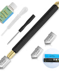 Pencil-style glass cutter with knurled black handle and three interchangeable heads (2-6mm, 6-12mm, 12-20mm); includes oil bottle.