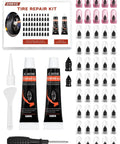 Universal Car Tire Repair Kit With 50 Heavy Duty Rubber Strips Screw In Tool And Two Tubes Sealant Glue, organized components.