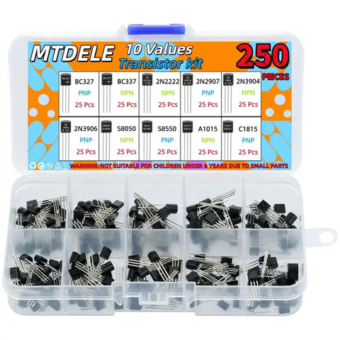 Ultimate 250 Piece Transistor Kit Set With 10 Values For DIY Arduino Projects Includes BC327 BC337 box with transistors visible.