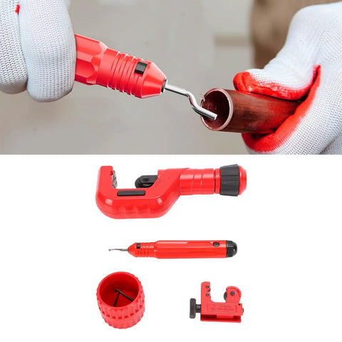 4 Piece Tubing Cutter Set Built Tough Pipe Cutter For 1/4 To 2 Inch Pipes Includes Mini Tube Cutter 1/8 To 7/8 Inch With Deburring Tool For Copper Aluminum Stainless Steel And PVC in use on copper pipe