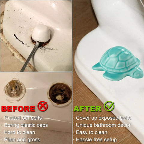 Before and after of rusted toilet bolts vs. Heckin Adorable Ceramic Sea Turtle Toilet Bolt Caps Set Of 2