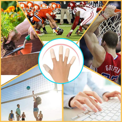 Soft Gel Finger Cots 14 Pack Finger Protector Sleeves For Trigger Finger Hand Eczema Cracking Arthritis Pain Relief Ultra Cozy No Slip Grip Great For Sensitive Skin Beige Short Fit shown in various use cases including sports, gardening, typing, and playing volleyball.