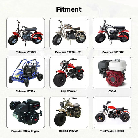 Fitment chart showing compatible models for Beefed Up VM22 Carburetor Kit Upgrade For Predator 212 And 196cc 224cc Engines Non Hemi