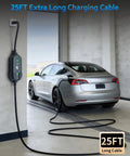Top Shelf Level 2 And Level 1 Electric Vehicle Charger For Tesla Mobile Charging Featuring 12Amp And 16Amp Settings connected to a Tesla.