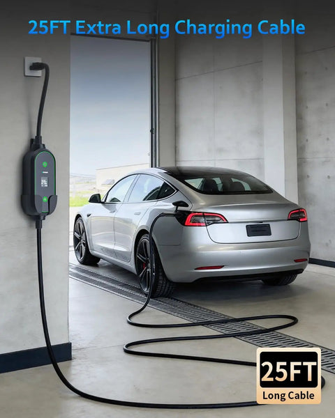 Top Shelf Level 2 And Level 1 Electric Vehicle Charger For Tesla Mobile Charging Featuring 12Amp And 16Amp Settings connected to a Tesla.