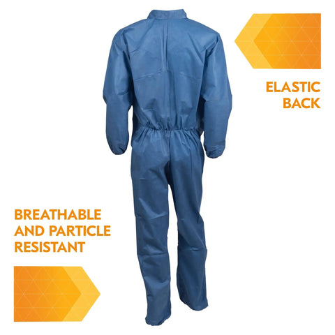 Back view of Breathable Particle Protection Coveralls With Zipper Front, Elastic Back, Wrists And Ankles, Blue Reflex Design, XL Disposable Workwear, Five Layer SMS Material For Dust And Dirt, Case Of 24.