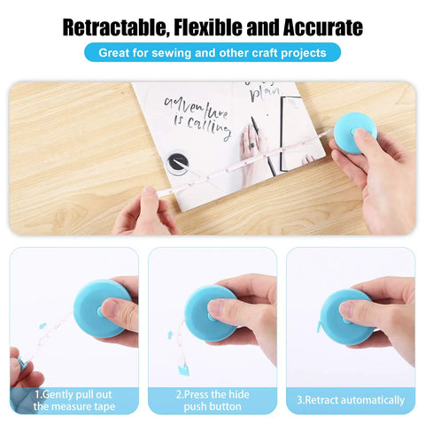 Demonstration of retractable 60 inch tape measure, showing steps to extend and retract, held in hand with blue durable plastic case.