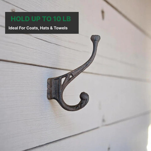 Old School Cast Iron Wall Hooks Solid Five Pack Heavy Duty Rustic Design showcasing a single hook against wood wall.
