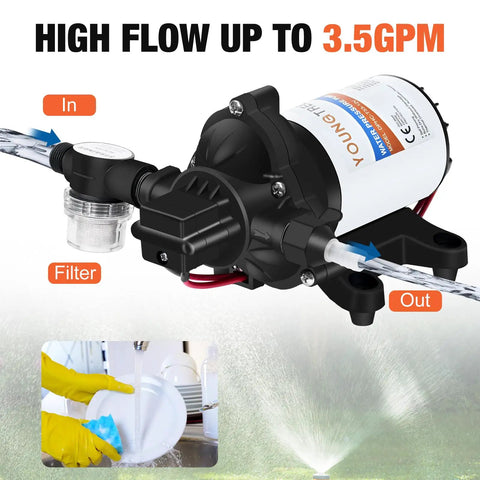 12V RV Water Diaphragm Pump With Auto On Off Switch Self Priming 3.5 GPM At 45 PSI Fresh Water Pressure Pump For Camper Boat