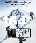 Four people hiking on snowy mountain recorded with Four Pack Wireless Lavalier Microphones Kit For iPhone Android And Cameras.