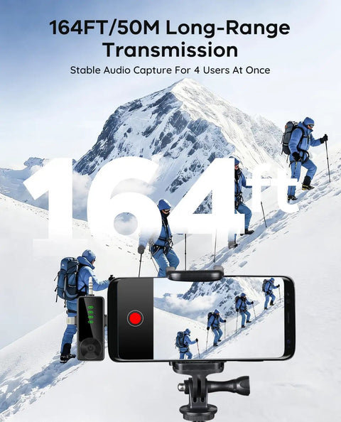 Four people hiking on snowy mountain recorded with Four Pack Wireless Lavalier Microphones Kit For iPhone Android And Cameras.