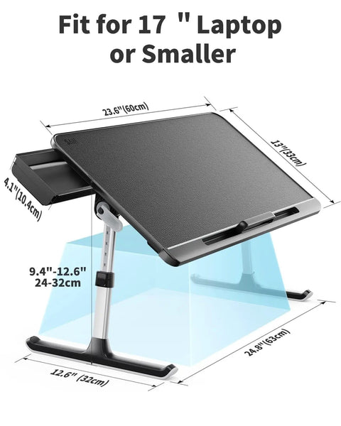 Go To Adjustable Laptop Bed Tray Table With Storage Drawer Fits 17 Inch Laptop, dark black, adjustable height and angle.