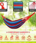 Easy Setup Brazilian Style Hammock With Tree Straps For Hanging, durable portable single or double hammock shown outdoors, blue and red stripe design visible.