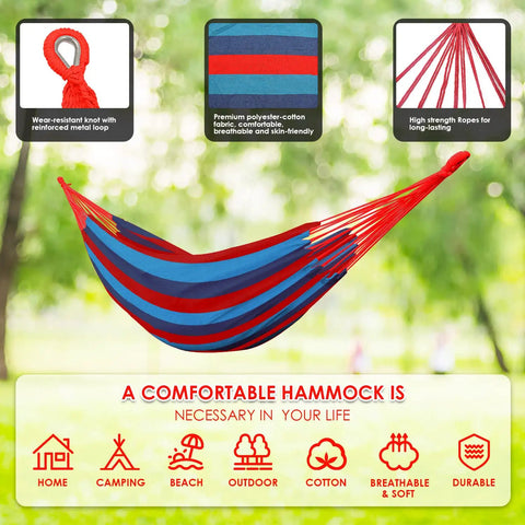 Easy Setup Brazilian Style Hammock With Tree Straps For Hanging, durable portable single or double hammock shown outdoors, blue and red stripe design visible.