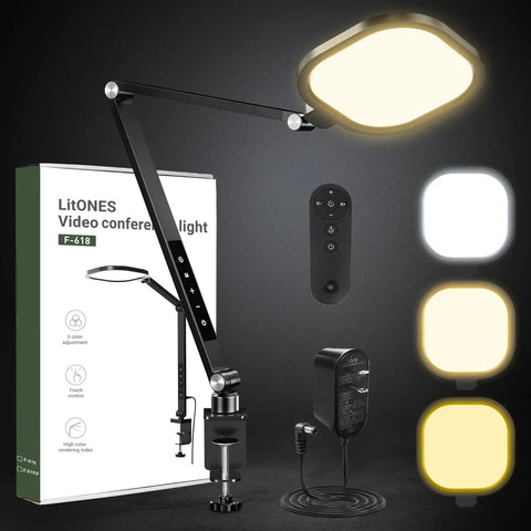 Video Conference Lighting For Computer And Webcams Dimmable 15W Ring Light With Desk C Clamp and remote, shown with brightness options.