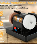Grab And Go Cordless Mini Bench Grinder With Variable Speed Control Up To Seven Thousand RPM Dual Grinding Wheels Chew Through Metal Or Wood Like Butter Compact Job Site Essential angled view with upgraded motor and dual grinding wheels.