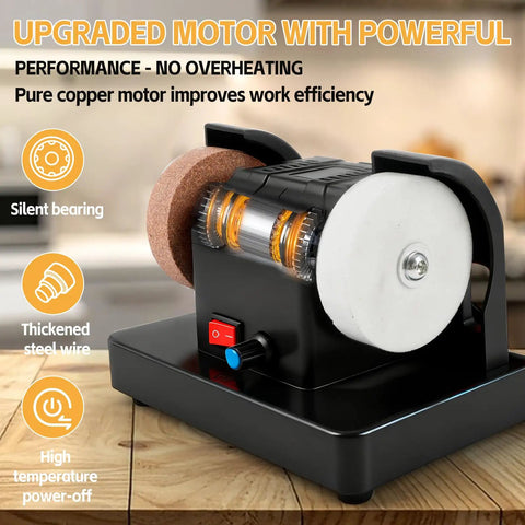 Grab And Go Cordless Mini Bench Grinder With Variable Speed Control Up To Seven Thousand RPM Dual Grinding Wheels Chew Through Metal Or Wood Like Butter Compact Job Site Essential angled view with upgraded motor and dual grinding wheels.