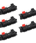 Five pieces of Three Way Spring Terminal Clip Push Release Connector Plate Jack Socket For Speaker Terminal Strip Block Test Clips; red, white, black color coding.