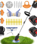 Cordless Weed Eater With Dual 21V Batteries, trimmer with 3 blade types, accessories, and charger for yard and garden use.