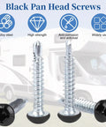 Top Shelf Pan Head Self Tapping Screws For Rv Campers And Pickup Trucks Number Eight Size One Inch Long Black Finish Alloy Steel Kit Comes With 100 Pieces Built Tough And Rust Free - black pan head screws displayed with a camper in background.