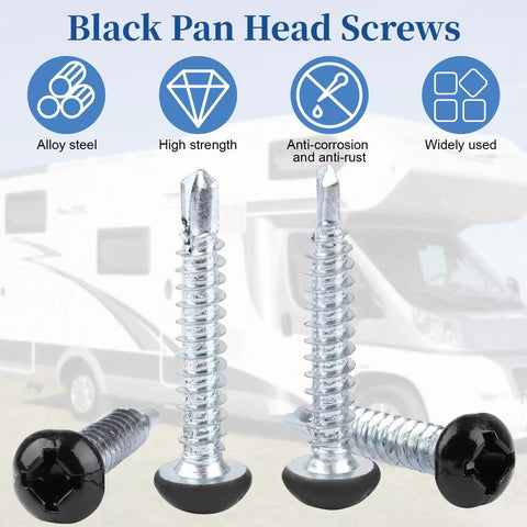 Top Shelf Pan Head Self Tapping Screws For Rv Campers And Pickup Trucks Number Eight Size One Inch Long Black Finish Alloy Steel Kit Comes With 100 Pieces Built Tough And Rust Free - black pan head screws displayed with a camper in background.