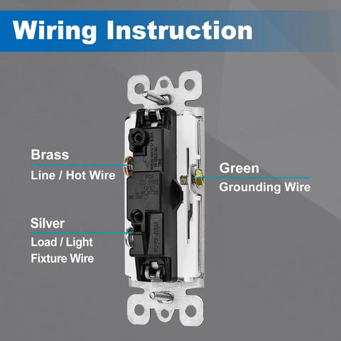 100 Pack Single Pole Decorator Light Switch, Paddle Style On Off Rocker Interrupter, wiring instructions displayed.