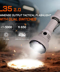 Hardcore L35 Tactical Flashlight 5000 Lumens With 480 Meter Throw Rechargeable LED shown illuminating ground