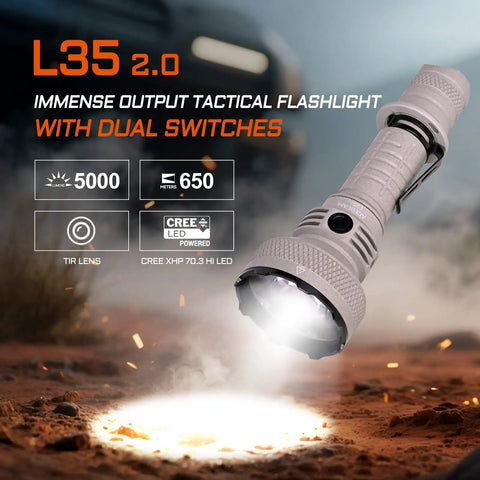 Hardcore L35 Tactical Flashlight 5000 Lumens With 480 Meter Throw Rechargeable LED shown illuminating ground