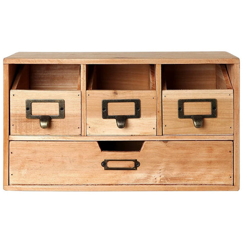 Wooden cabinet with drawers featuring set of 20 antique iron cup pull handles in bronze tone finish with subtle label frames.