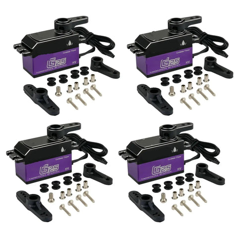 Upgrade Your Rig With This Heavy Duty 25 Kilogram Waterproof Rc Servo Coreless Motor featuring four black and purple motors with accessories.