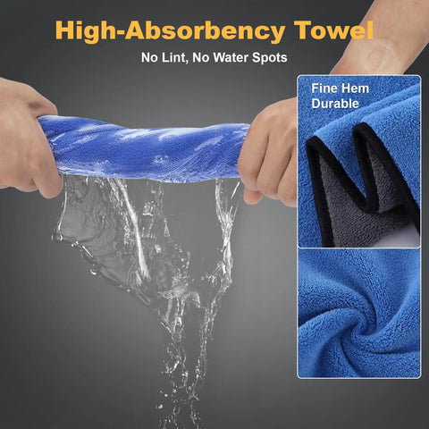 Hands wringing high-absorbency blue towel from the 8 Piece Car Detailing Kit With Boar Hair Brushes Ultra Soft Duster Microfiber Cloths