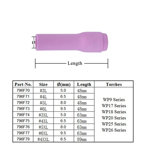 Top Tier XXL Extra Long Alumina Nozzles 6.5mm Bore 89mm Length Ceramic Cups For WP9 WP20 WP25 Torches, Heavy Duty Welding Gear in pink color.