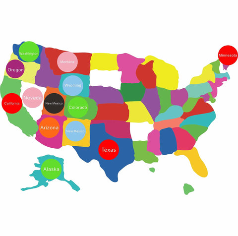 Map of USA with colorful states labeled by name