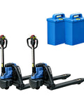 Two Pack Heavy Duty Electric Pallet Jack With 4400 Lbs Capacity Motorized Forklift Truck For Warehouse Work, Feature 48 inch By 27 inch Long Forks And Lithium-Ion Battery Power showing two electric jacks with blue batteries.